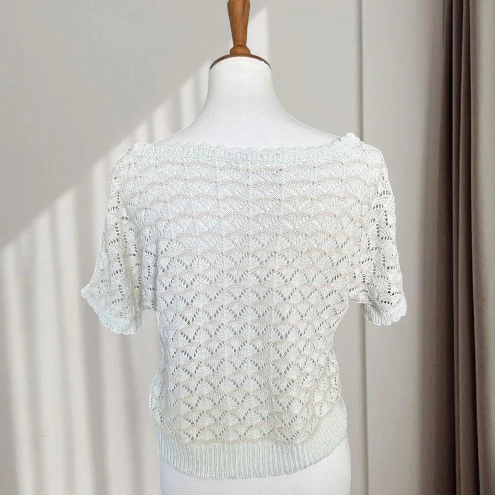 May Pretty Women Mint Cream Pointelle Knit Pearl‎ Rhinestone Trim Sweater Top